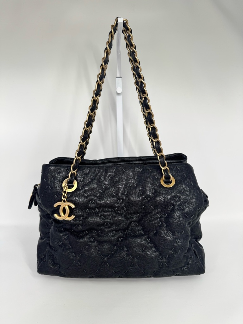 Authentic CHANEL Wild Stitch Tote in Black Caviar Leather with Gold Hardware